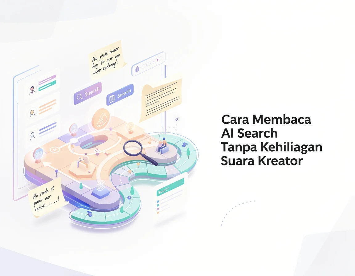 Ilustrasi peta AI search dengan kartu intent dan catatan kreator
